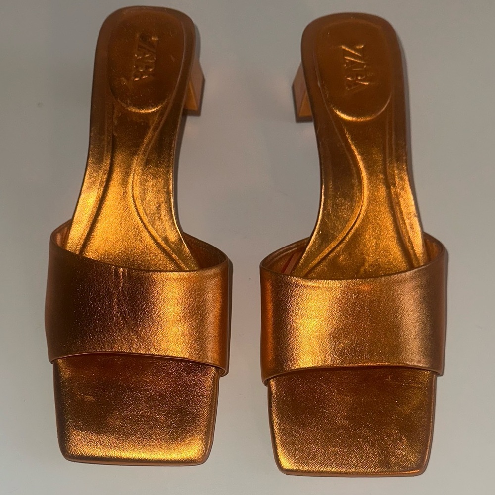 Zara Gold Metallic Block heel sandals size 38